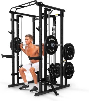 RitFit Multi-Function Smith Machine Power Cage, 1000LBS Power Rack and Packages with Optional Weight Bench, Olympic Barbell and Weight Plates Set, and More Strength Training Attachments, for Home Gym