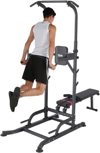 Uboway Power Tower with Bench, Pull Up Bar Stand Dip Station, Multi-gear Adjustable Heights and Weight Bench Angles, Strength Training Fitness Equipment for Home Gym