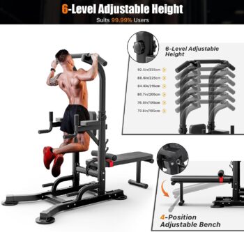 Uboway Power Tower with Bench, Pull Up Bar Stand Dip Station, Multi-gear Adjustable Heights and Weight Bench Angles, Strength Training Fitness Equipment for Home Gym