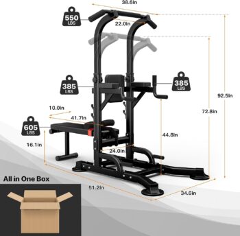 Uboway Power Tower with Bench, Pull Up Bar Stand Dip Station, Multi-gear Adjustable Heights and Weight Bench Angles, Strength Training Fitness Equipment for Home Gym