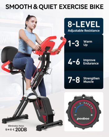 pooboo Folding Exercise Bike, Foldable Fitness Stationary Bike Machine, Upright Indoor Cycling Bike, Magnetic X-Bike with 8-Level Adjustable Resistance, Bottle Holder & Back Support Cushion for Home Gym Workout