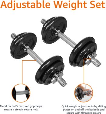 Amazon Basics Adjustable Barbell Lifting Dumbbells Weight Set with Case, 17.2 kg, Black