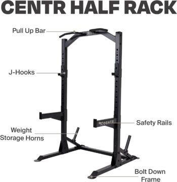 Centr Half Rack - 7 Gauge Steel Squat Rack with J-Hooks, Pull Up Bar & Weight Storage - Half Rack for Home Gym or Commercial Use - Includes 3 Month Membership for Centr By Chris Hemsworth