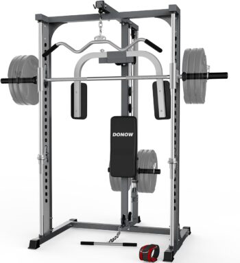 DONOW Smith Machine Power Cage Power Rack Squat Rack with Smith Bar Home Gym System with LAT Pull Down Chest Station for Strengthen Training Without Weights