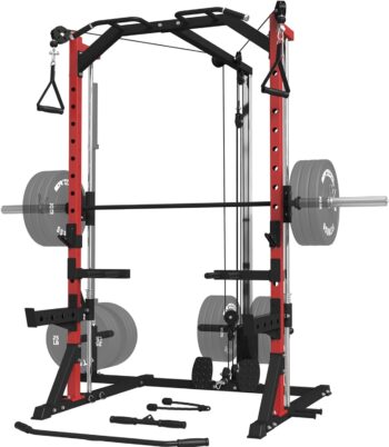 ER KANG Smith Machine, Power Cage with Cable Crossover Pulley System, Strength Training Squat Rack with Linear Bearing, 1500lb Heavy Duty Weightlifting Machine for Home Gym