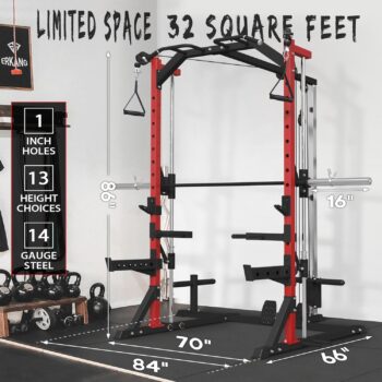 ER KANG Smith Machine, Power Cage with Cable Crossover Pulley System, Strength Training Squat Rack with Linear Bearing, 1500lb Heavy Duty Weightlifting Machine for Home Gym