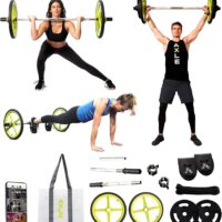 AXLE Home Gym Bundle Workout & Exercise Equipment, Olympic Barbell Weights Set, Two 5lbs Weight Plates, Resistance Band, Foot Anchors, & Tote Bag for Fitness & Strength Training for Men, Women & Youth