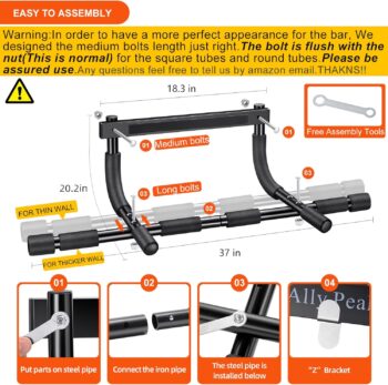 Ally Peaks Pull Up Bar for Doorway | Thickened Steel Max Limit 440 lbs Upper Body Fitness Workout Bar| Multi-Grip Strength for Doorway | Indoor Chin-Up Bar Fitness Trainer for Home Gym Portable