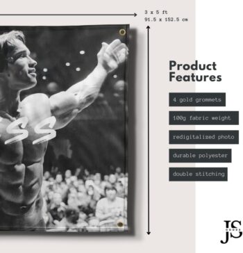 Arnold Schwarzenegger Poster | 3x5 Flag | Gym Motivation Fitness Poster | Durable Cool Tapestry | Man Cave Wall Decor with Metal Grommets for College Dorm Room | Decoration Bedroom Outdoor Parties Gift | Indoor Ceiling Garden Garage Home House | Limitless