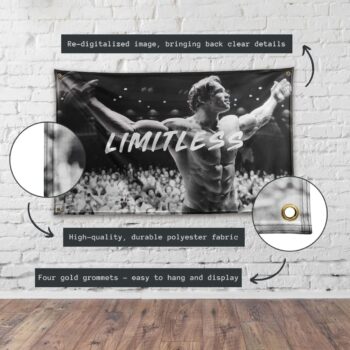 Arnold Schwarzenegger Poster | 3x5 Flag | Gym Motivation Fitness Poster | Durable Cool Tapestry | Man Cave Wall Decor with Metal Grommets for College Dorm Room | Decoration Bedroom Outdoor Parties Gift | Indoor Ceiling Garden Garage Home House | Limitless