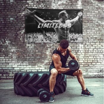 Arnold Schwarzenegger Poster | 3x5 Flag | Gym Motivation Fitness Poster | Durable Cool Tapestry | Man Cave Wall Decor with Metal Grommets for College Dorm Room | Decoration Bedroom Outdoor Parties Gift | Indoor Ceiling Garden Garage Home House | Limitless