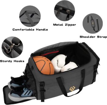 Eackrola Large Sports Gym Bag, Travel Duffel bag with Wet Pocket & Shoes Compartment for men women, 65L, Lightweight