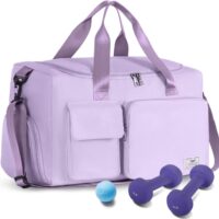FIORETTO Sports Gym Duffle Bag with Shoes Compartment, Weekend Travel Overnight Bag for Women, Mens, Foldable Water Resistant Holdall Hospital Bag For Swimming, Basketball (Light Purple)