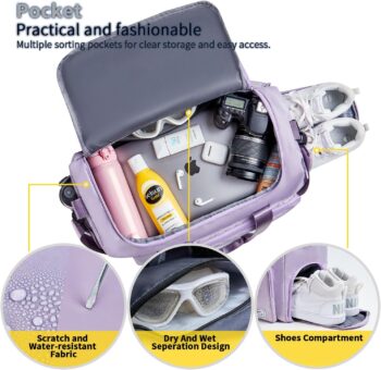 FIORETTO Sports Gym Duffle Bag with Shoes Compartment, Weekend Travel Overnight Bag for Women, Mens, Foldable Water Resistant Holdall Hospital Bag For Swimming, Basketball (Light Purple)