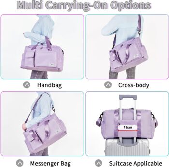 FIORETTO Sports Gym Duffle Bag with Shoes Compartment, Weekend Travel Overnight Bag for Women, Mens, Foldable Water Resistant Holdall Hospital Bag For Swimming, Basketball (Light Purple)
