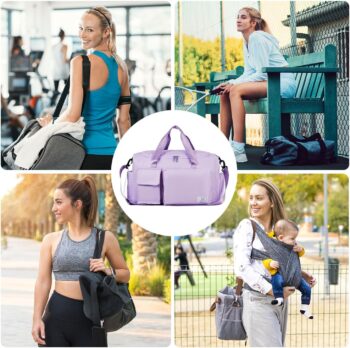 FIORETTO Sports Gym Duffle Bag with Shoes Compartment, Weekend Travel Overnight Bag for Women, Mens, Foldable Water Resistant Holdall Hospital Bag For Swimming, Basketball (Light Purple)