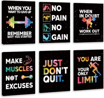 HLNIUC Motivational Gym Wall Art,Inspirational Workout Room Wall Decor, Motivational Words Home Gym Decor Set of 6(8’’X10’’,Framed),Positive Canvas Art Print for Gym,Exercise Classroom Decor