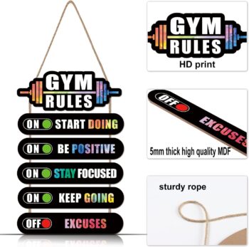 KAIRNE Home Gym Rules Decor,Workout Motivational Quote Wooden Plaque,Exercise Posters,Fitness Room Door Sign for Man Cave,Bar Pub,Garage Gym Sign Hanging Outdoor Wooden Plaque(12X2.3x5+12x4.7x1 inch)