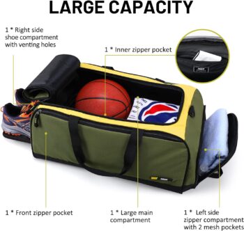 MIER Large Gym Bag for Men with Shoes Compartment Mens Lightweight Sports Travel Duffle Bags for Workout Fitness Weekender, 60L, Army Green