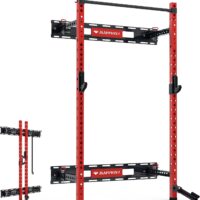 Mappding Folding Squat Rack Wall Mounted with Weight Bench, 1100LBS Foldable Squat Power Rack Weight Cage with Pull Up Bar and Partable Space Saving Free Standing for Home Gym Garage Workout