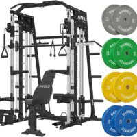 Mikolo Smith Machine, 2200lbs Squat Rack with LAT-Pull Down System & Cable Crossover Machine, Training Equipment with Leg Hold-Down Attachment, Garage & Home Gym Package