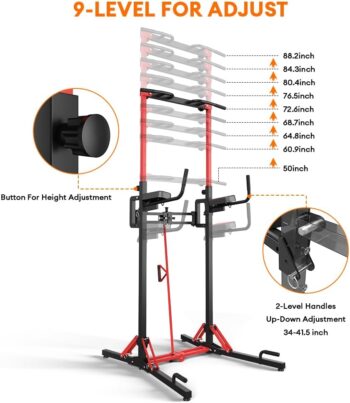 ONETWOFIT Power Tower Pull Up Bar Station, Multi-Function Adjustable Height Foldable Dip Station for Home Gym Workout, Heavy Duty Strength Training Fitness Equipment, Pull Up Stand 400LBS