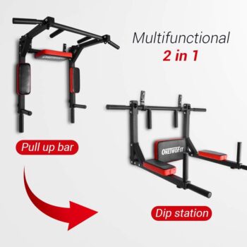 OneTwoFit Multifunctional Wall Mounted Pull Up Bar Chin Up bar Dip Station for Indoor Home Gym Workout, Power Tower Set Training Equipment Fitness Dip Stand Supports to 440 Lbs OT126