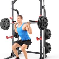 SunHome Power Cage Squat Rack, Multi-Functional Power Rack with J-Hooks, Dip Handles, Weight Plate and Olympic Bar Storage Home Gym