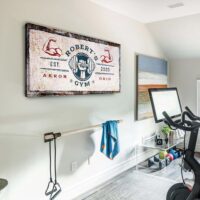 Tailored Canvases Personalized Gym Sign Wall Art Decor - Motivational Canvas for Home Gym, Workout Room, Garage, Fitness Center - Workout Inspirational Posters - One Hand with Dumbbell on Rustic, 20x10in