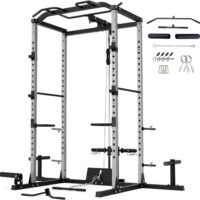 VANSWE Power Cage with LAT Pulldown Attachment, 1200-Pound Capacity Power Rack Full Home Gym Equipment with Multi-Grip Pull-up Bar, Landmine, T bar and Dip Handle (2023 Updated Version)