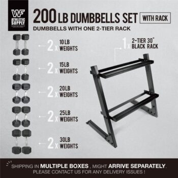 WF Athletic Supply 200Lb Dumbbell Set, 10-30Lb Dumbbell Set with Two-Tier Storage Rack for Muscle Toning, Strength Building & Weight Loss - Multiple Choices Available
