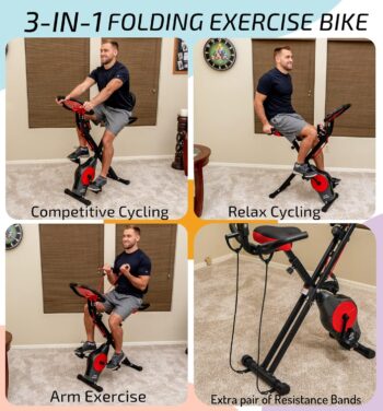 YYFITT 3-In-1 Exercise Bikes for Home | Folding Stationary Bike with Arm Workout Bands - 16 Levels Magnetic Resistance - Indoor Excersize Bike with Thick and Comfortable Seat, Hand Pulse and Phone/Tablet Holder…