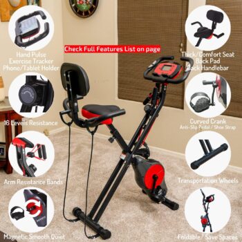 YYFITT 3-In-1 Exercise Bikes for Home | Folding Stationary Bike with Arm Workout Bands - 16 Levels Magnetic Resistance - Indoor Excersize Bike with Thick and Comfortable Seat, Hand Pulse and Phone/Tablet Holder…