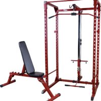 Best Fitness Power Rack Cage Package (BFPRLAT-PACK) With 23 Adjusable Lift Off Positions Included Pull Up Lat Bar, Integrated Chin-Up Bar, Squat Racks with Adjustable Back Pad Weight Bench, Red