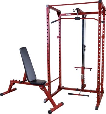 Best Fitness Power Rack Cage Package (BFPRLAT-PACK) With 23 Adjusable Lift Off Positions Included Pull Up Lat Bar, Integrated Chin-Up Bar, Squat Racks with Adjustable Back Pad Weight Bench, Red