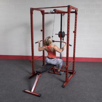 Best Fitness Power Rack Cage Package (BFPRLAT-PACK) With 23 Adjusable Lift Off Positions Included Pull Up Lat Bar, Integrated Chin-Up Bar, Squat Racks with Adjustable Back Pad Weight Bench, Red