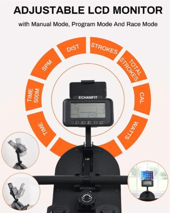 ECHANFIT Wood/Magnetic Rowing Machine with Dual/Single Track Design, LCD/Race Monitor, 16 Levels of Resistance for Home/Office Exercise Fitness, Optional Bluetooth Function and Free Apps