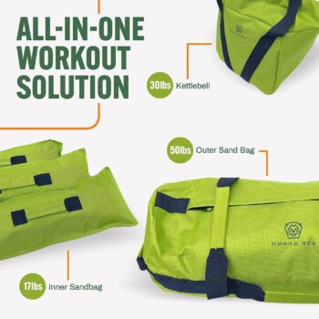 Magna Rex Sandbag Workout Bag - Adjustable Sand Bags for Weight Training | Heavy Duty Equipment - 1 Outer Workout Sandbag, 3 Inner Sandbags, and 1 Soft Kettlebell