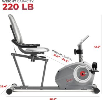 Sunny Health & Fitness Magnetic Recumbent Bike with Optional Exclusive SunnyFit® App Enhanced Bluetooth Connectivity