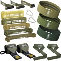 Workout Set of 5 Pull-Up Bands, Rubber Handles, Door Anchor, 3 Fabric Resistance Bands, Wrist Wraps and Wrist Straps (Green)