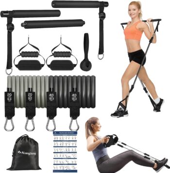 ALongSong Portable Pilates Bar Kit with Resistance Bands for Women & Men，Upgraded 3 Section Pilates Bar with Stackable Bands for Home Gym Exercise Fitness Equipment Supports Full-Body Workouts