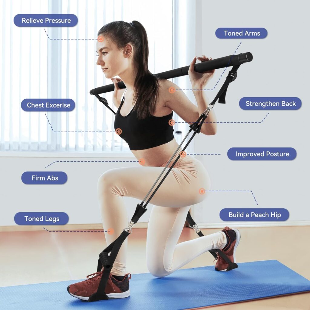 ALongSong Elastiques de Musculation Barre de Pilates avec 6 Bandes de Résistance Élastique 240LBS/360LBS Ancrage de Porte Réglable Amovible pour Fitness Yoga Étirement Squat