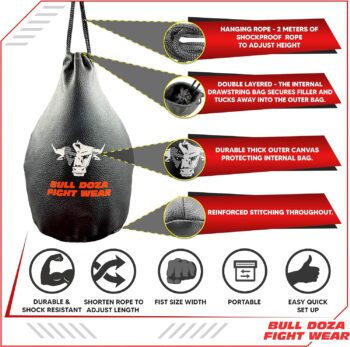 Bull Doza Fight Wear Slip Dodge Reaction Bag - Fist Width - 1kg When Filled - 2 Meter Hanging Rope Included - Boxing Punch Bag MMA - Black - No.1 Defence Bag (Not for Punching)