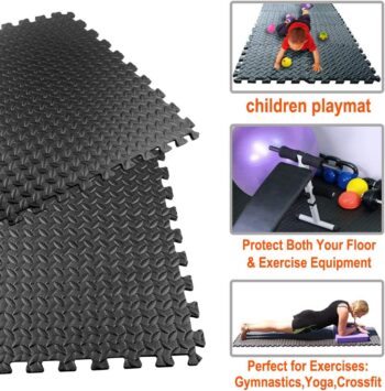 Exercise Mats Puzzle Foam Mats Gym Flooring Mat Cover 20 SQ.FT Interlocking Foam Mats with EVA Foam Floor Tiles for Home Gym Equipment Workouts Black
