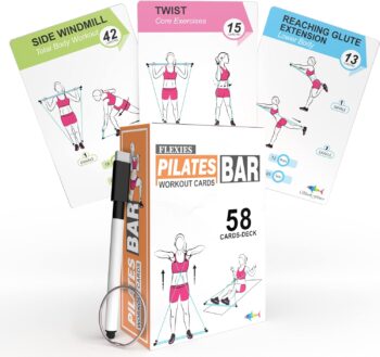 Flexies Pilates Bar Workout Cards - 58 Exercise Cards with Pilates Stick Work Out Postures, Instructions & Breathing Tips | Free Ring & Dry-Erase Marker to Create Your Customize Workout Planner Chart