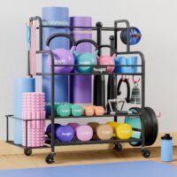 Yes4All Home Gym Organizer Storage Rack with Lockable Casters - Home Gym Storage Rack for Dumbbells Kettlebells, Yoga Mat Storage Rack, Workout Equipment Storage (Steel, Black)