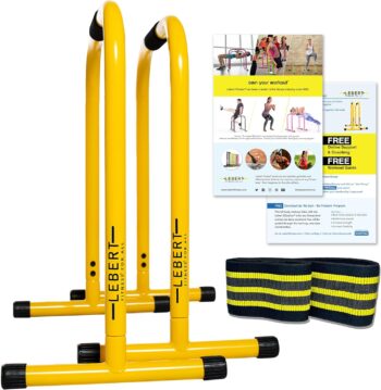 Lebert Fitness Dip Bar Stand - Original EQualizer Total Body Strengthener Pull Up Bar Home Gym Exercise Equipment Dipping Station - Hip Resistance Band, Workout Guide and Online Group - Yellow