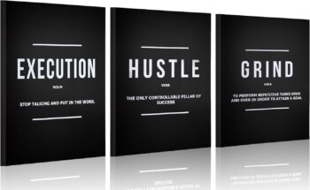 BPLUSTREE Motivational Canvas Wall Art, Hustle Grind Execute Wall Art Decor Set with 4 Non-Trace Hooks, Inspirational Quotes Posters for Home Office Workplace (Black, 3Pcs)